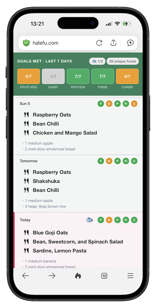 Weekly plan view on the Halefu app